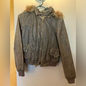 XOXO Women’s Brown Leather BomberJacket with detachable fur trimmed hood